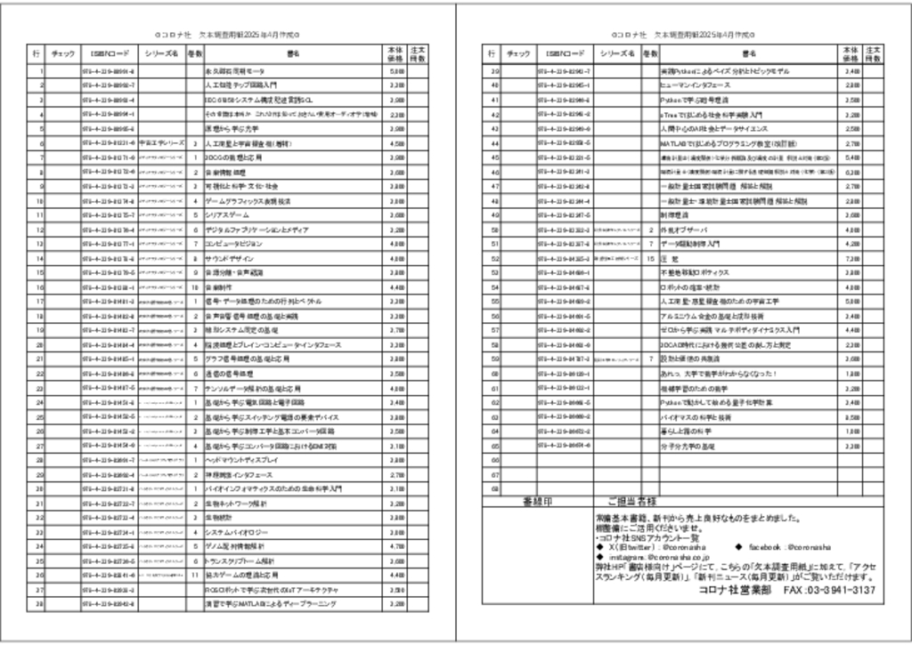  売上良好書の欠本調査用紙　2025年4月作成